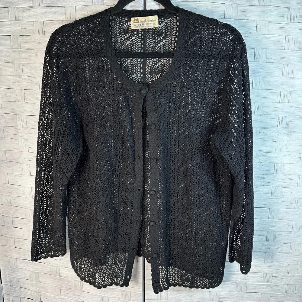 Hand crocheted black‎ cardigan button-down whimsiGoth Goth cottagecore